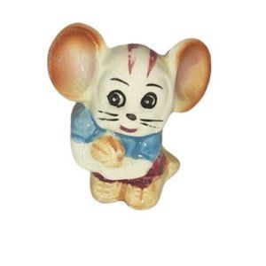 Ceramic Brown Mouse Figurine Helmet Football Japan Miniature #6~1.5"x‎ 1"/GC